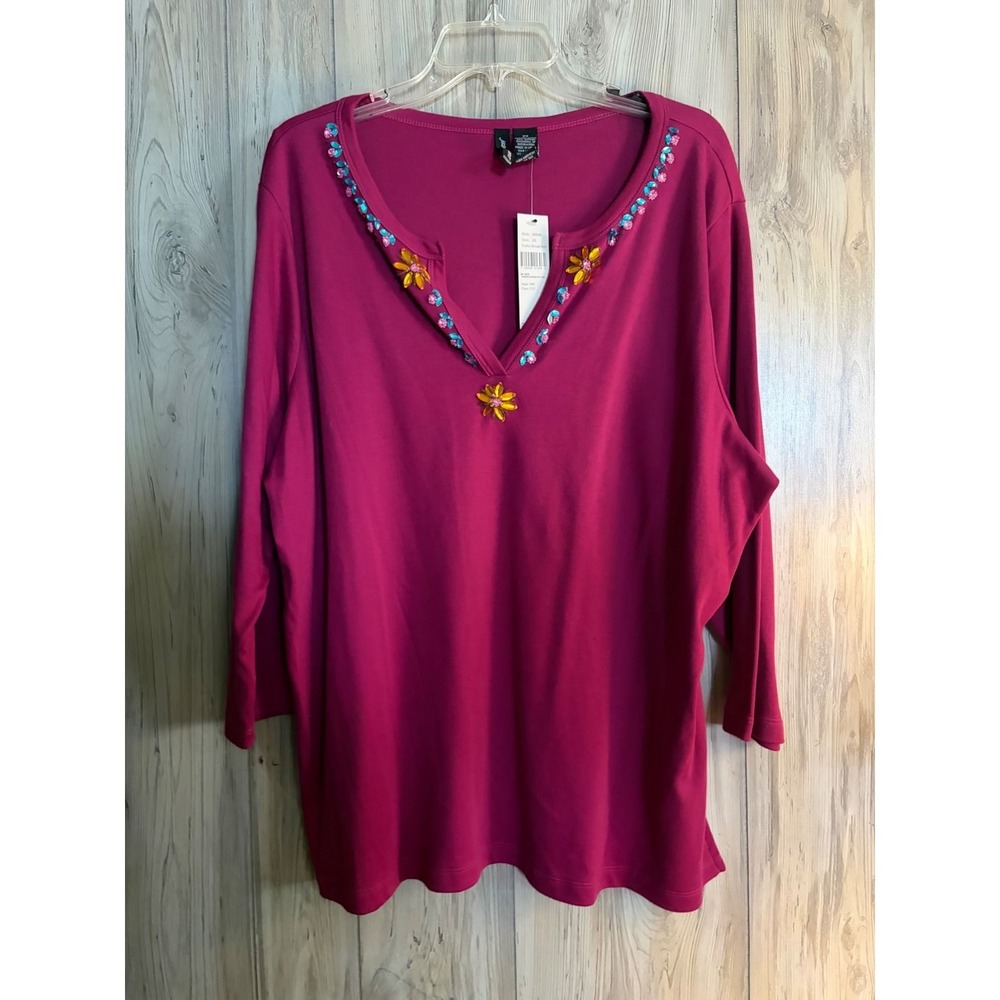 Jason Maxwell Woman Brocade Berry Beaded Floral Sequin V-Neck Top 2X NWT